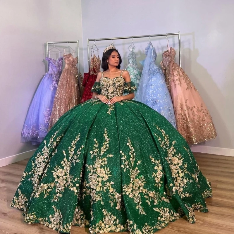 Green Shiny Spaghetti Strap Ball Gown Quinceanera Dresses Gold Lace Appliques Flowers Corset Back Formal Birthday Vestidos De 15