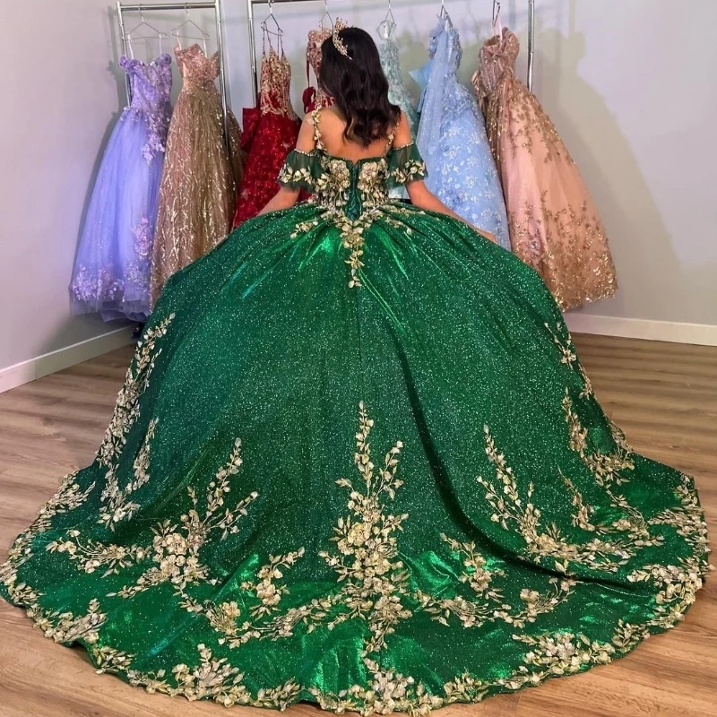 Green Shiny Spaghetti Strap Ball Gown Quinceanera Dresses Gold Lace Appliques Flowers Corset Back Formal Birthday Vestidos De 15