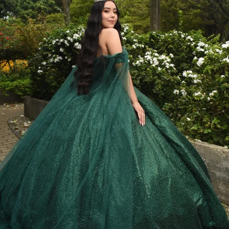 Green Shiny Princess Off The Shoulder Quinceanera Dress Ball Gown With Cape XV Años Sweet Gowns Vestidos De 15 Años