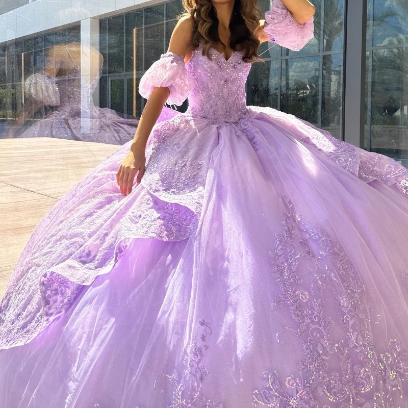 Lavender Sweetheart Quinceanera Dresses Party Off the Shoulder Evening Prom Dress for Women Tulle Applique Lace Beads Ball Gown