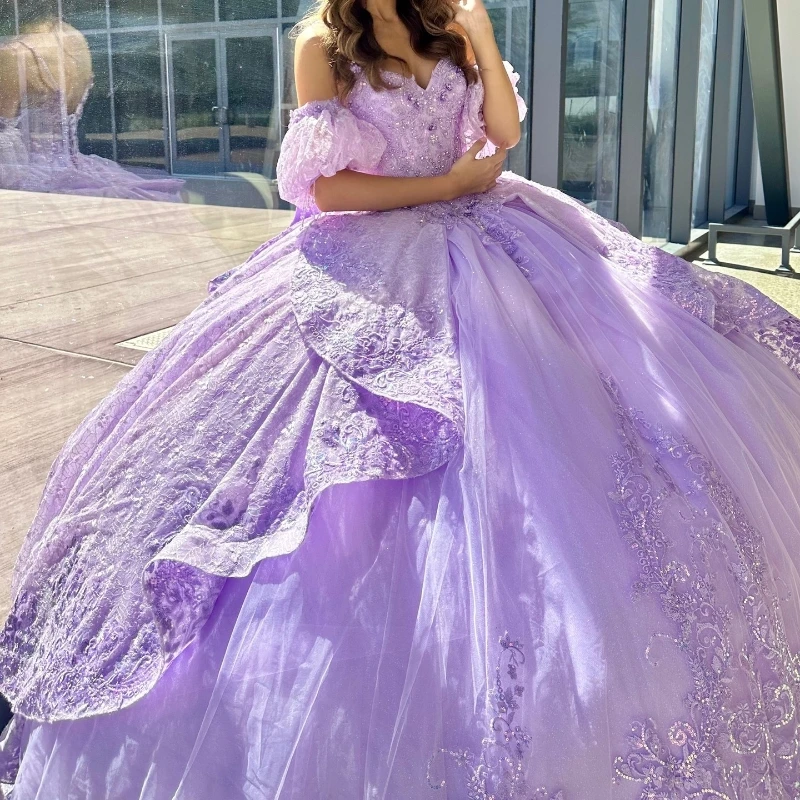 Lavender Sweetheart Quinceanera Dresses Party Off the Shoulder Evening Prom Dress for Women Tulle Applique Lace Beads Ball Gown