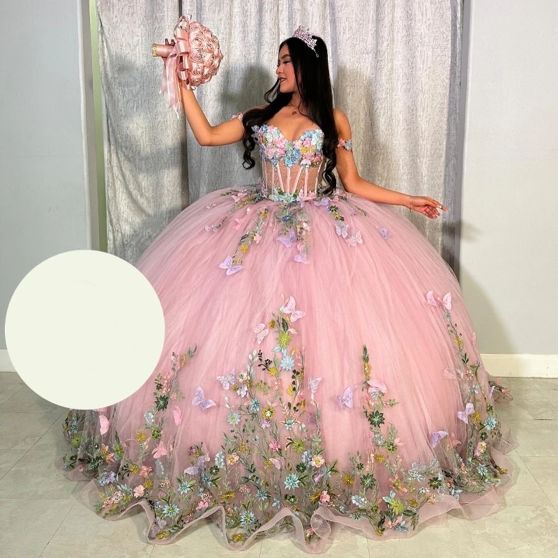 Pink Princess Lace Appliques Bow Beading Tull Off The Shoulder Quinceanera Dresses Girls Ball Gown Sweet Vestidos De 15 Años