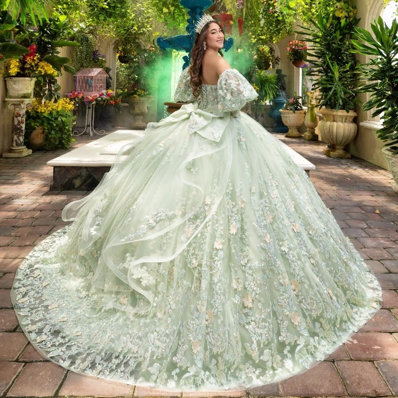 Sage Green Shiny Tulle Quinceanera Dresses Sweetheart Beads Applique Lace Ball Gown Sweet Sixteen Dress Gowns vestidos