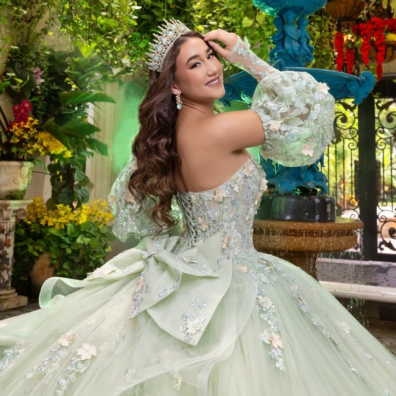 Sage Green Shiny Tulle Quinceanera Dresses Sweetheart Beads Applique Lace Ball Gown Sweet Sixteen Dress Gowns vestidos