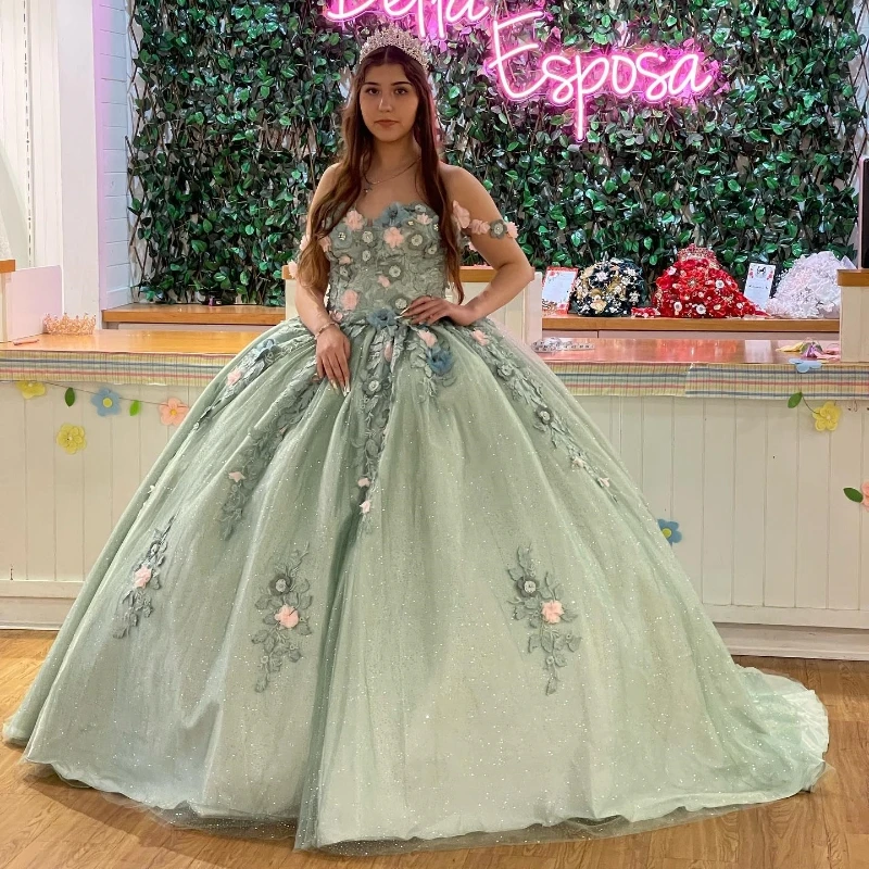 Princess Sage Green Shiny Quinceanera Dresses 3D Flowers Crystal Prom Birthday Sweet 16 Dress Lace-up Corset Vestidos De 15 Anos