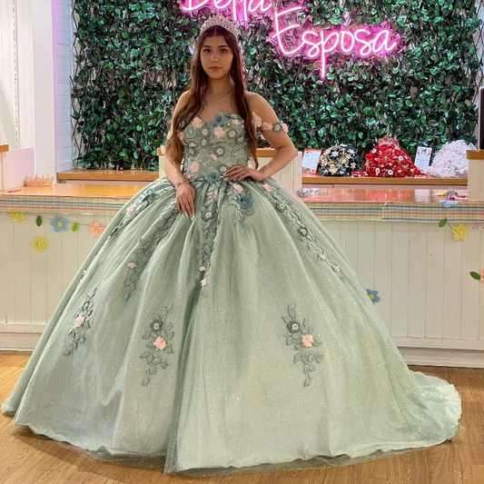 Princess Sage Green Shiny Quinceanera Dresses 3D Flowers Crystal Prom Birthday Sweet 16 Dress Lace-up Corset Vestidos De 15 Anos