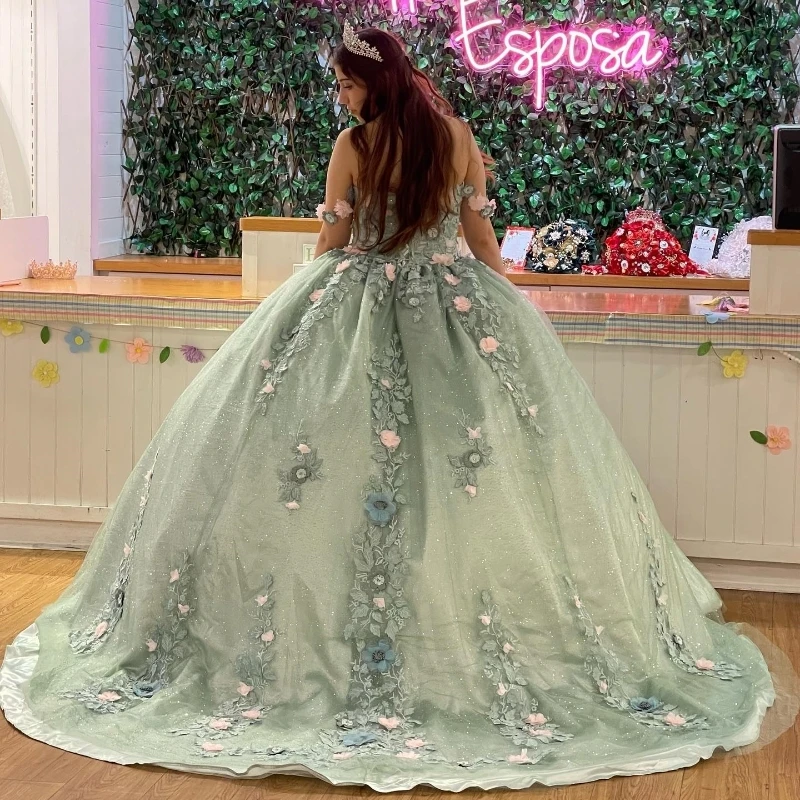 Princess Sage Green Shiny Quinceanera Dresses 3D Flowers Crystal Prom Birthday Sweet 16 Dress Lace-up Corset Vestidos De 15 Anos