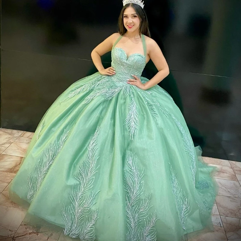 Green Shiny Sweetheart Quinceanera Dress Off The Shoulder Ball Gown Lace Beads Corset Sweet 15 Vestidos De XV Años