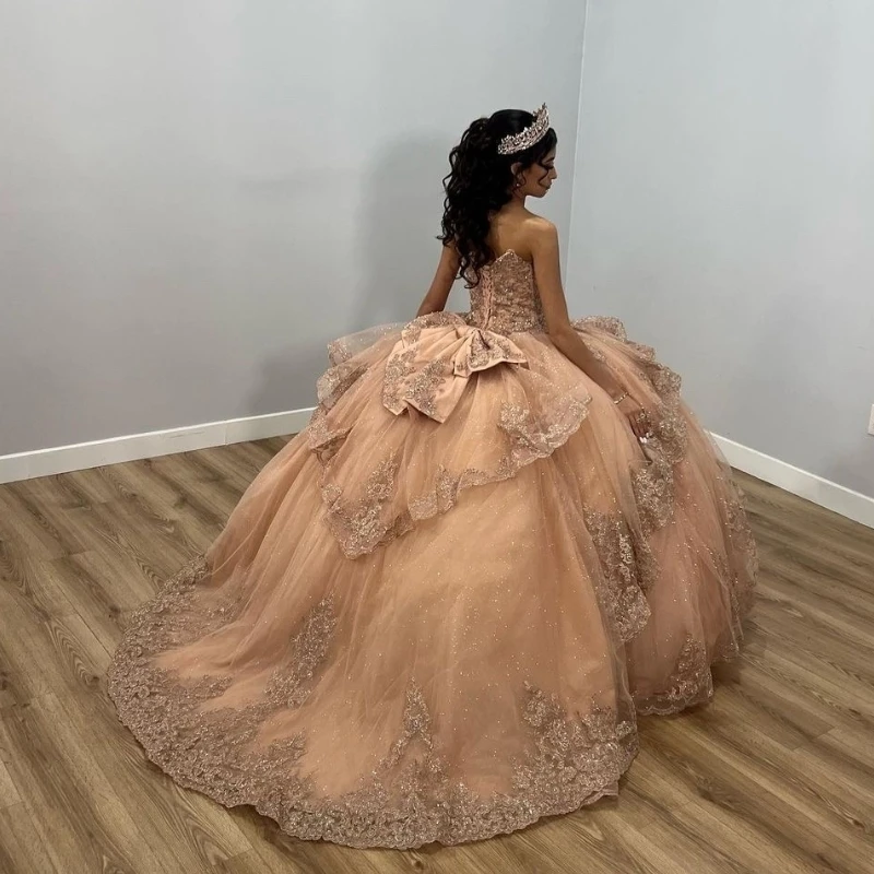 Mexico Champagne Shiny Off The Shoulder Ball Gown Quinceanera Dress Appliques Lace Beaded Birthday Party Gowns Sweet 16 vestidos