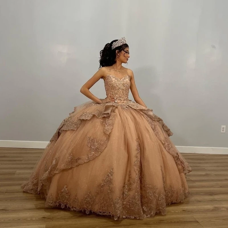 Mexico Champagne Shiny Off The Shoulder Ball Gown Quinceanera Dress Appliques Lace Beaded Birthday Party Gowns Sweet 16 vestidos