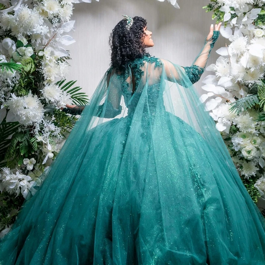 Green Shiny Quinceanera Dresses Applique Lace Beads With Cap Birthday Prom Dresses For Girl Lace-Up Princess Vestidos De 15Años