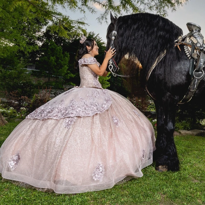 Pink Sweetheart Shiny Off the Shoulder Ball Gown Beaded Quinceanera Dress Princess Corset Dresses Appliques Flower Beads Vestido