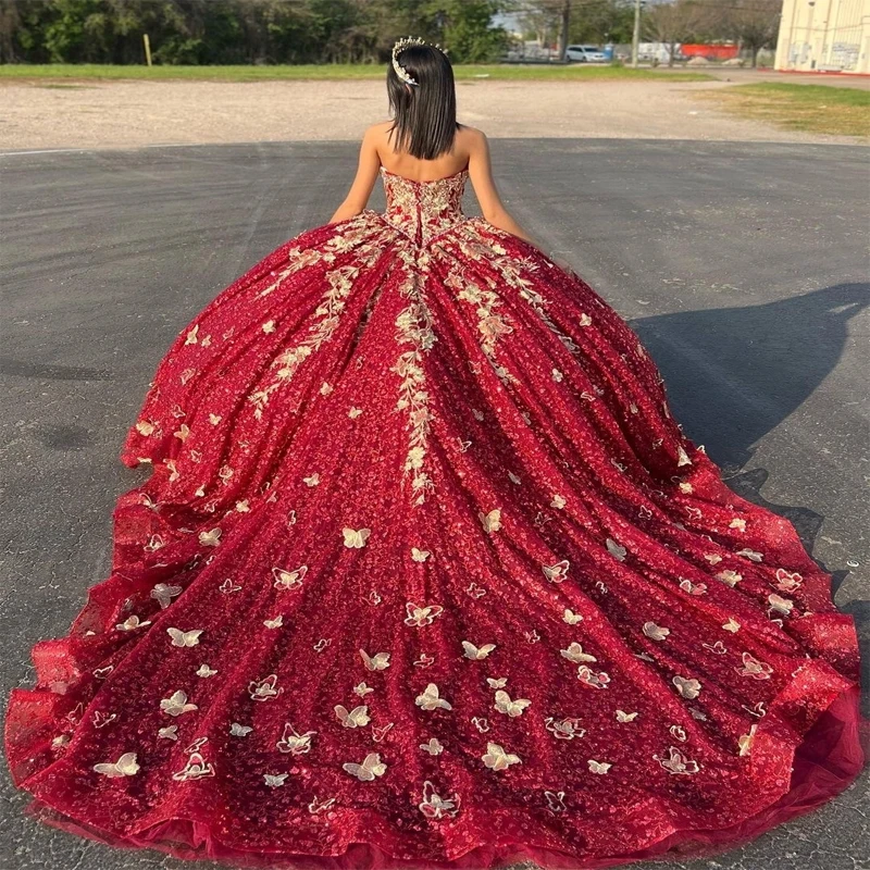 Red Sweetheart Ball Gown Quinceanera Dresses Gold Applique Bow Crystal Beading Off the Shoulder Ribbons Corset Vestido De 15Anos