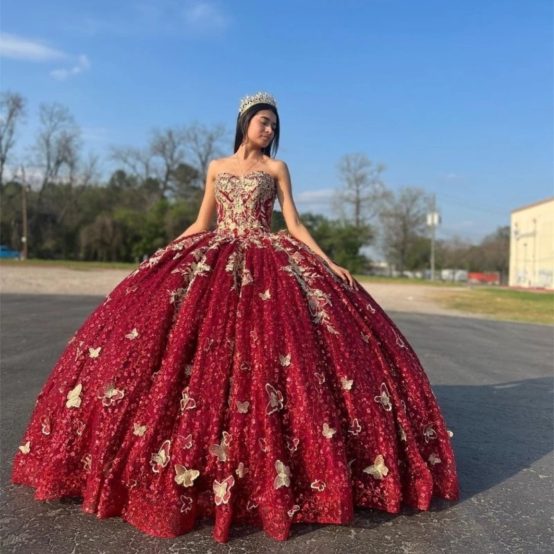 Red Sweetheart Ball Gown Quinceanera Dresses Gold Applique Bow Crystal Beading Off the Shoulder Ribbons Corset Vestido De 15Anos