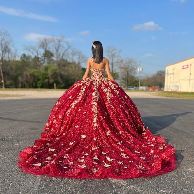 Red Sweetheart Ball Gown Quinceanera Dresses Gold Applique Bow Crystal Beading Off the Shoulder Ribbons Corset Vestido De 15Anos