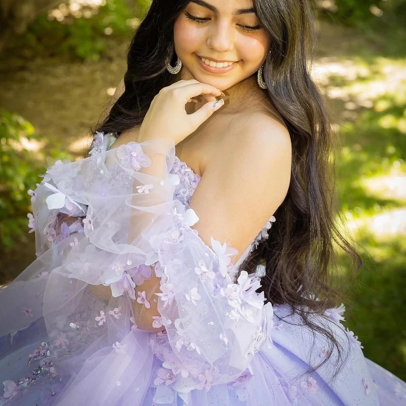 Sexy Sweetheart Quinceanera Dresses Ball Gown Off The Shoulder Long Sleeve Floral Appliques Lace Handmade Flowers Sweet 15 Party