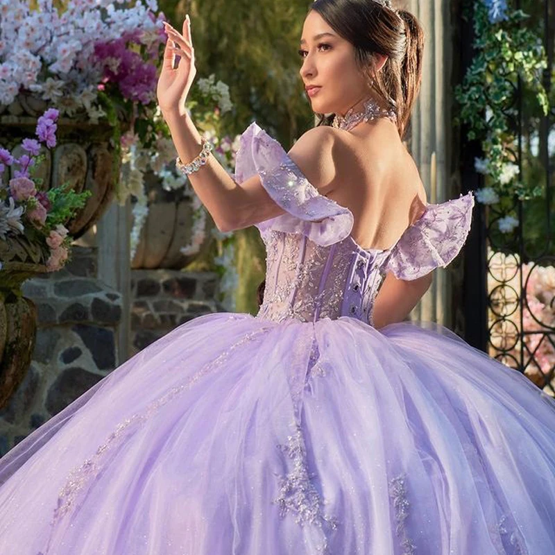 Sweet 16 Lilac Quinceanera Dresses Off Shoulder Beads Ruched Ball Gown Dress Prom Gowns Vestido De 15 Anos Quinceanera