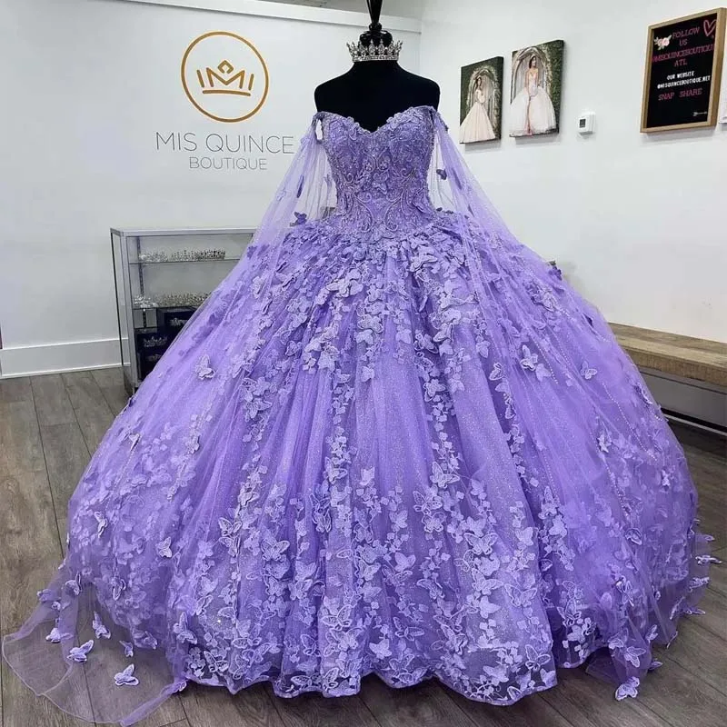 Lilac lavender Butterfly Quinceanera Dresses With Cape Lace Applique Sweet 16 Dress Mexican Prom Gowns