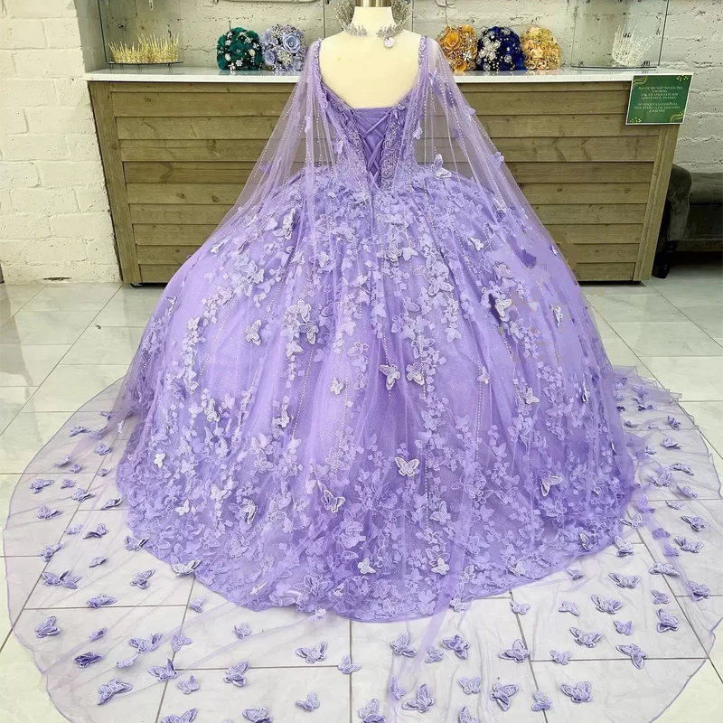 Lilac lavender Butterfly Quinceanera Dresses With Cape Lace Applique Sweet 16 Dress Mexican Prom Gowns