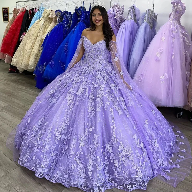 Lilac lavender Butterfly Quinceanera Dresses With Cape Lace Applique Sweet 16 Dress Mexican Prom Gowns