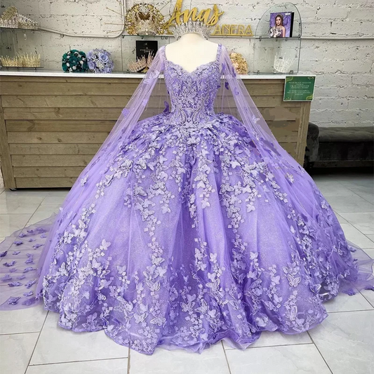 Lilac lavender Butterfly Quinceanera Dresses With Cape Lace Applique Sweet 16 Dress Mexican Prom Gowns