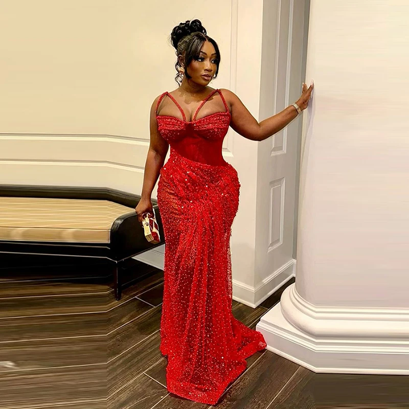 Sexy Red Aso Ebi Mermaid Prom Dresses Lace Pearls Beaded Spaghetti Evening Gowns African Girls Formal Occasion Party Dress