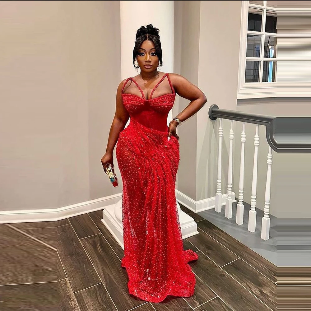 Red Sequined Lace Prom Dresses Sweeetheart Sequins Sleeveless Pleats Aso Ebi Evening Dress Special Occasion Formal Gowns