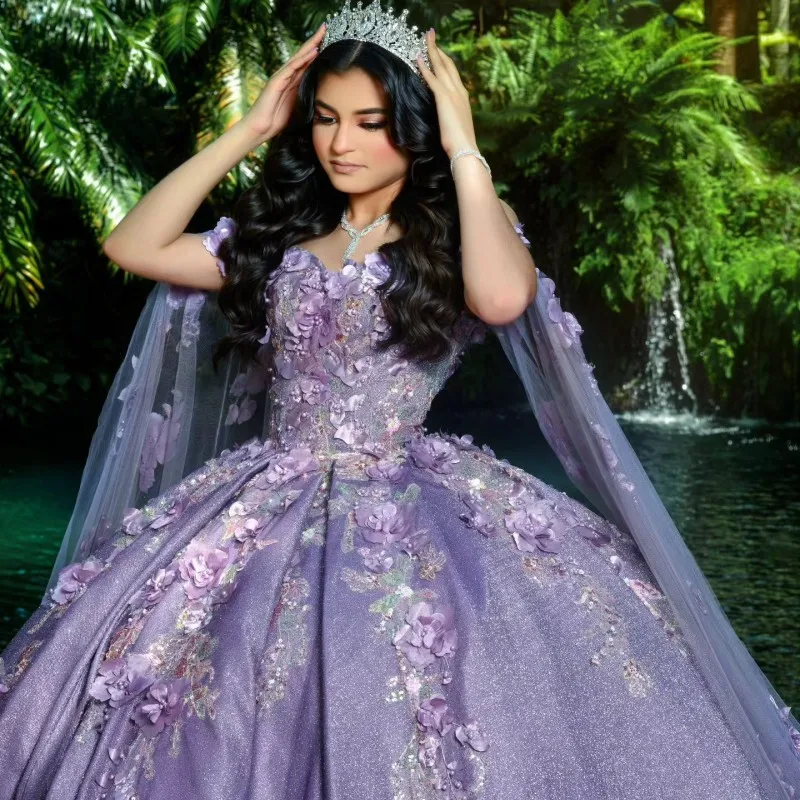 Lavender Sweetheart Shiny Quinceanera Dresses Beads 3DFloral Applique Lace With Cape Sweet 15 Birthday Party Ball Gowns