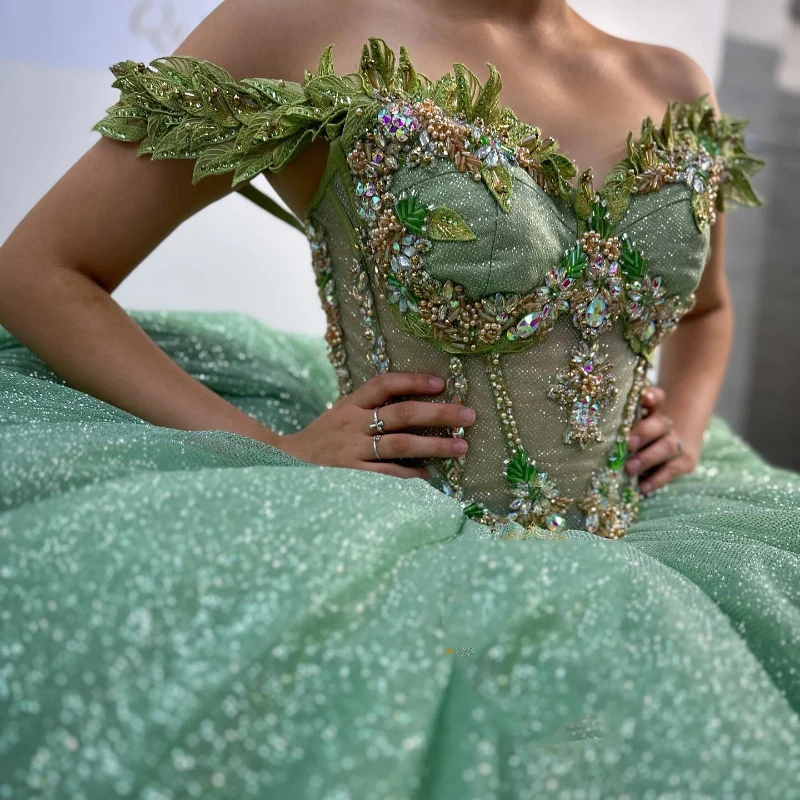 Sage Green Quinceanera Dresses Ball Gown Birthday Party Dress Applique Lace Beads Graduation Gown Sweetheart de 15 anos