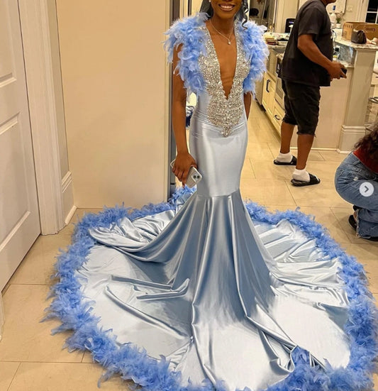 O Neck Long Prom Dress For Black Girls 2024 Beaded Crystal Rhinestone Birthday Party Dresses Feathers Evening Gowns Robe De Ba