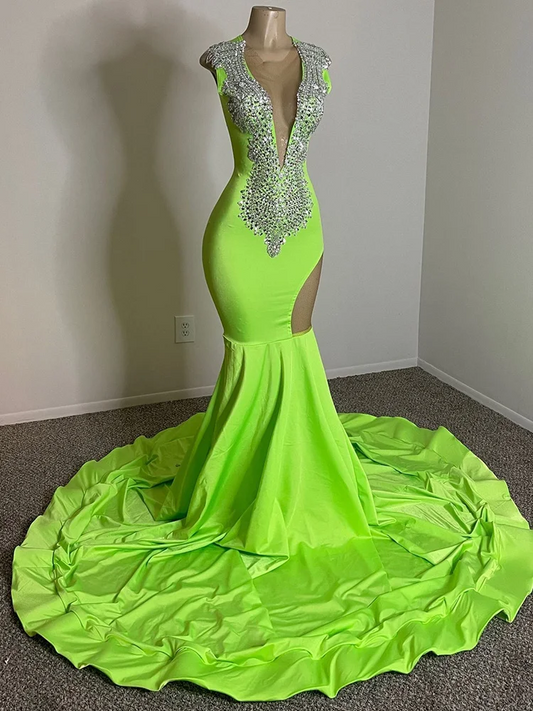 Long Sheer Green Mermaid Prom Dresses with Crystals vestidos para eventos especiales Party Formal Occasion Dresses