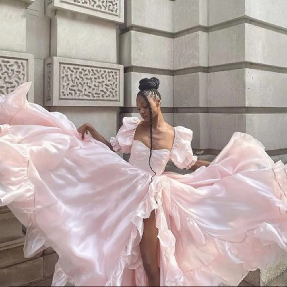 Pink Sweet Fluffy Sleeve Adult Ceremony Graduation Gown Elegant Women's Square Neck Princess A-line Asymmetric Pleated Prom Gown