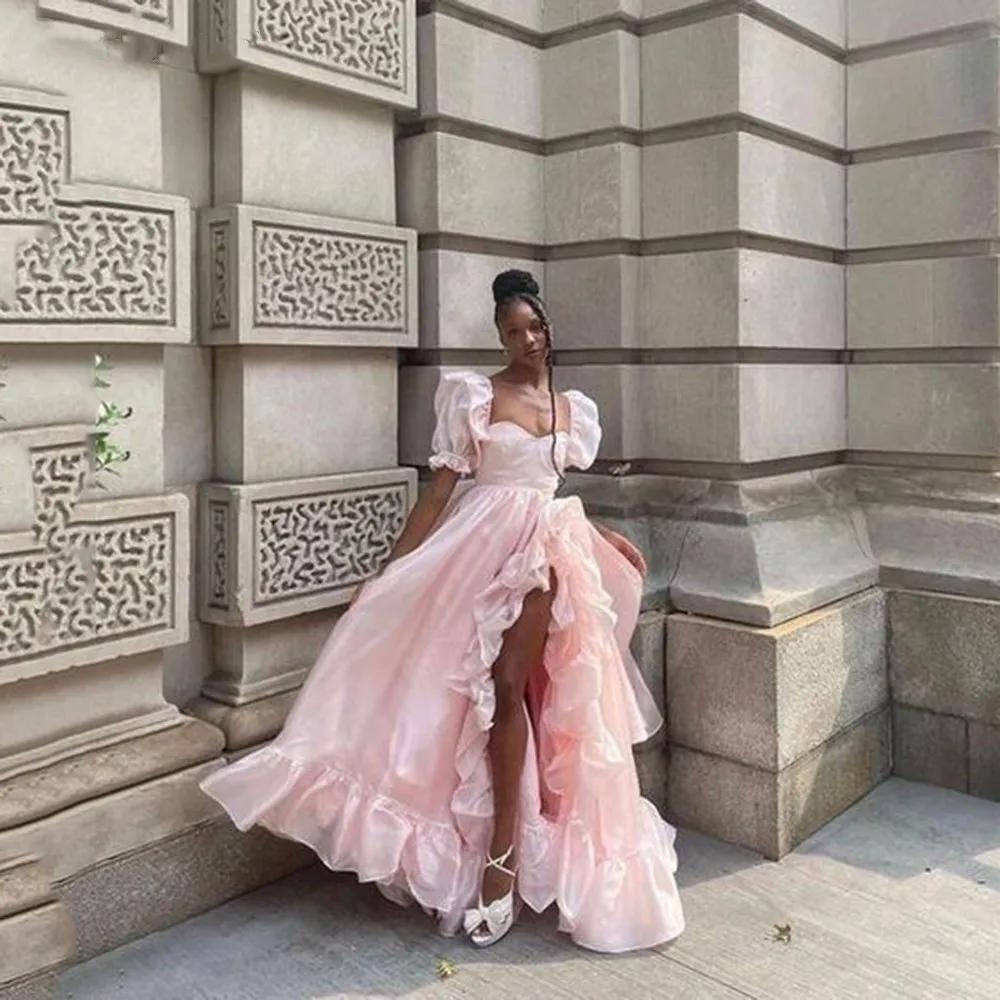 Pink Sweet Fluffy Sleeve Adult Ceremony Graduation Gown Elegant Women's Square Neck Princess A-line Asymmetric Pleated Prom Gown