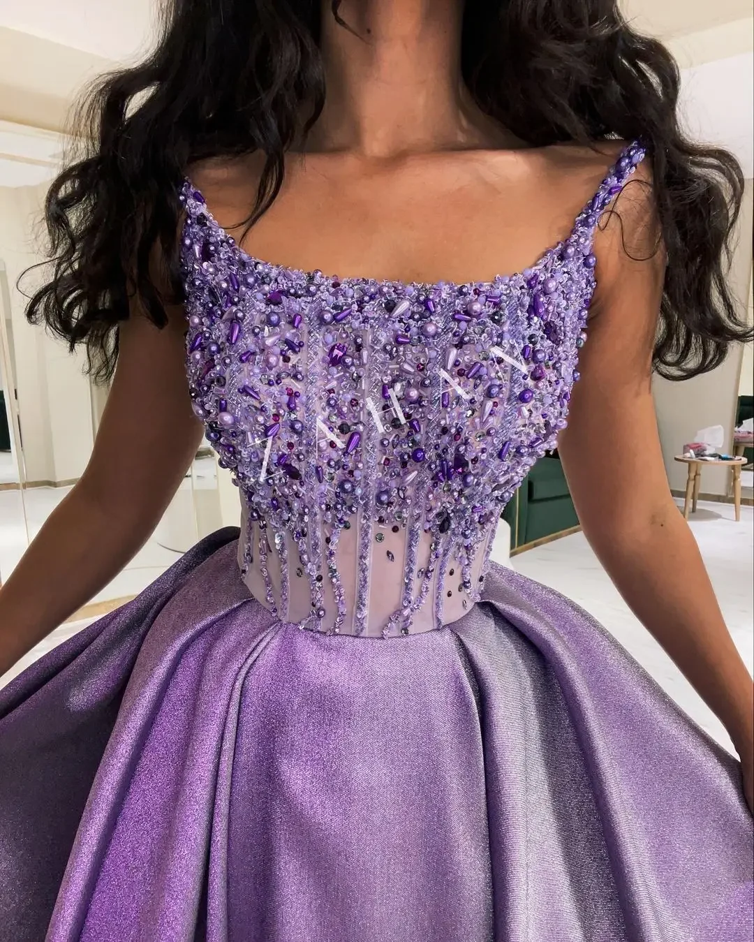 Saudi Arabia Purple Beads Sparkly Evening Dresses Spaghetti Floor-Length Sleeveless Prom Dresses Gorgeous Formal Party Dress