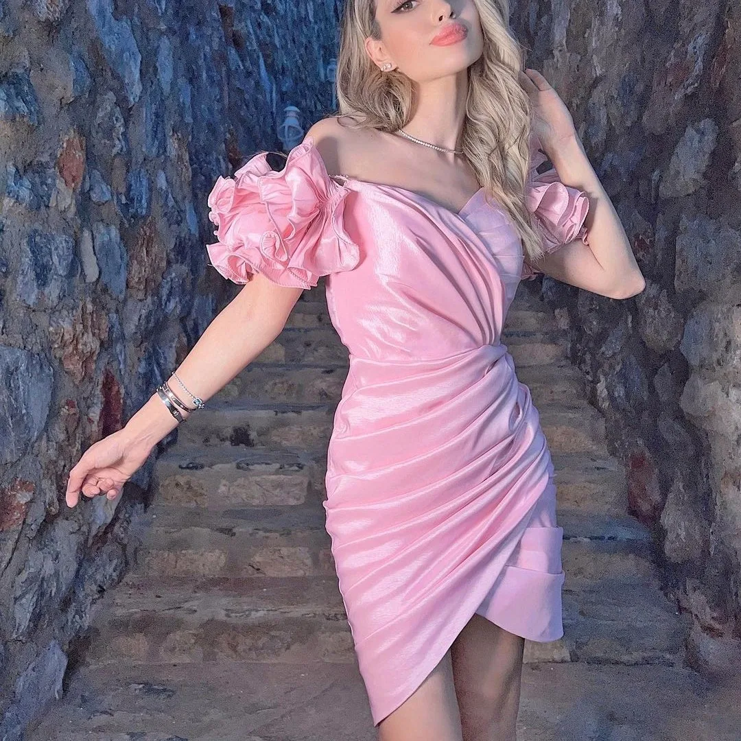 Bright Pink V-neck Off Shoulder Knee Length Homecoming Backless Flowers Satin Sleeveless Back Zipper Pleated فساتين مناسبة