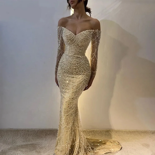 Luxury Arabic Prom Pageant Dress Off Shoulder Long Sleeves Pearls Sequined Evening Formal Birthday Gowns Robe De Soiree