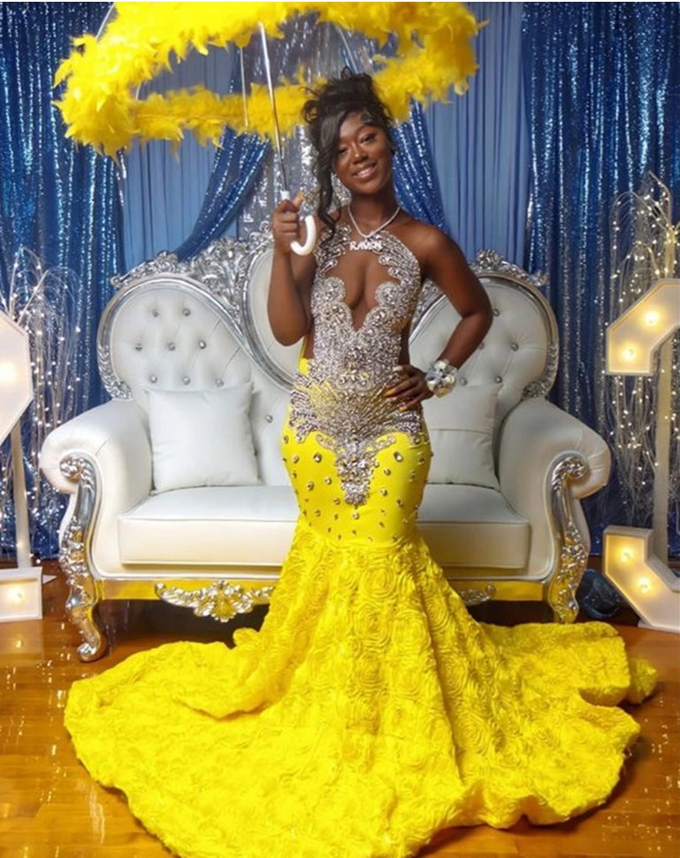 Bright Yellow Flower Ruched Train Mermaid Rhinestone Prom Dresses 2024 For Blackgirls Birthday Dress Luxury Beaded Evening Gowns