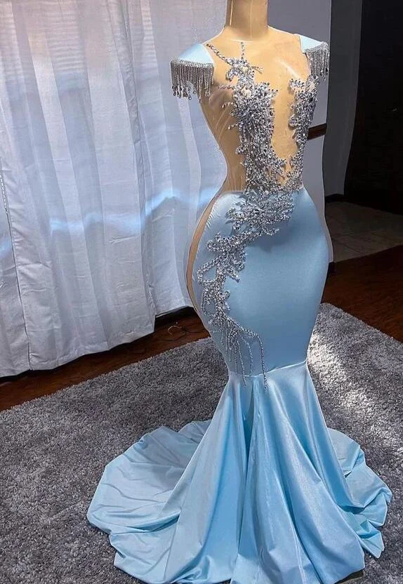 Sexy Mermaid Sleeveless Silk Satin Long Blue Prom Dresses