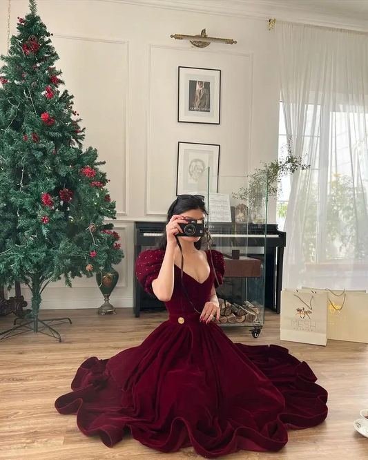 Vintage A line Velvet Burgundy Prom Dresses