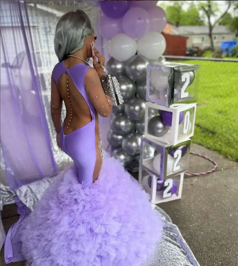 Lavender Purple Mermaid Prom Dress for Women Ruffles Bottom Silver Crystal Birthday Dresses robes de soirée 2024 Sheer Mesh