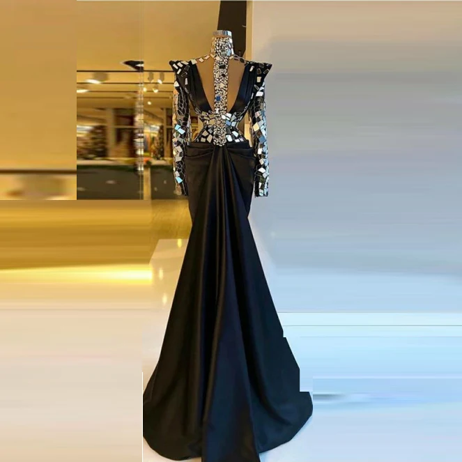 Gorgeous Evening Prom Dresses Black Fashion Sequined Floor Length Mermaid Gowns Full Sleeves Elegant Formal Evening Dress