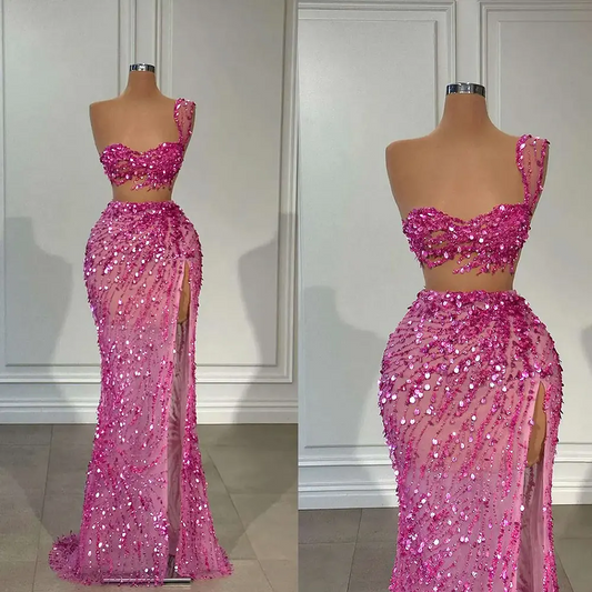 Shiny 2Pcs Magenta Evening Dresses 2024 Sequined Mermaid Prom Gowns Side Split Illusion Sleeveless Custom Made Special Occasion