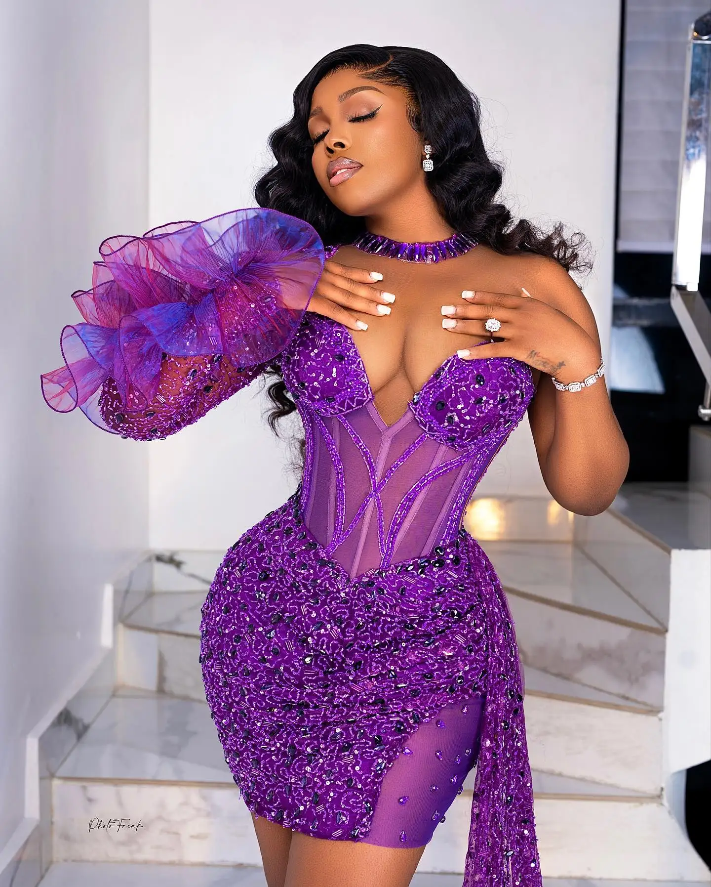 Chic Purple Sequins Beaded Short Prom Dresses African Women Formal Occasion Gowns 2024 Black Girls Cocktail Party Dress Mini