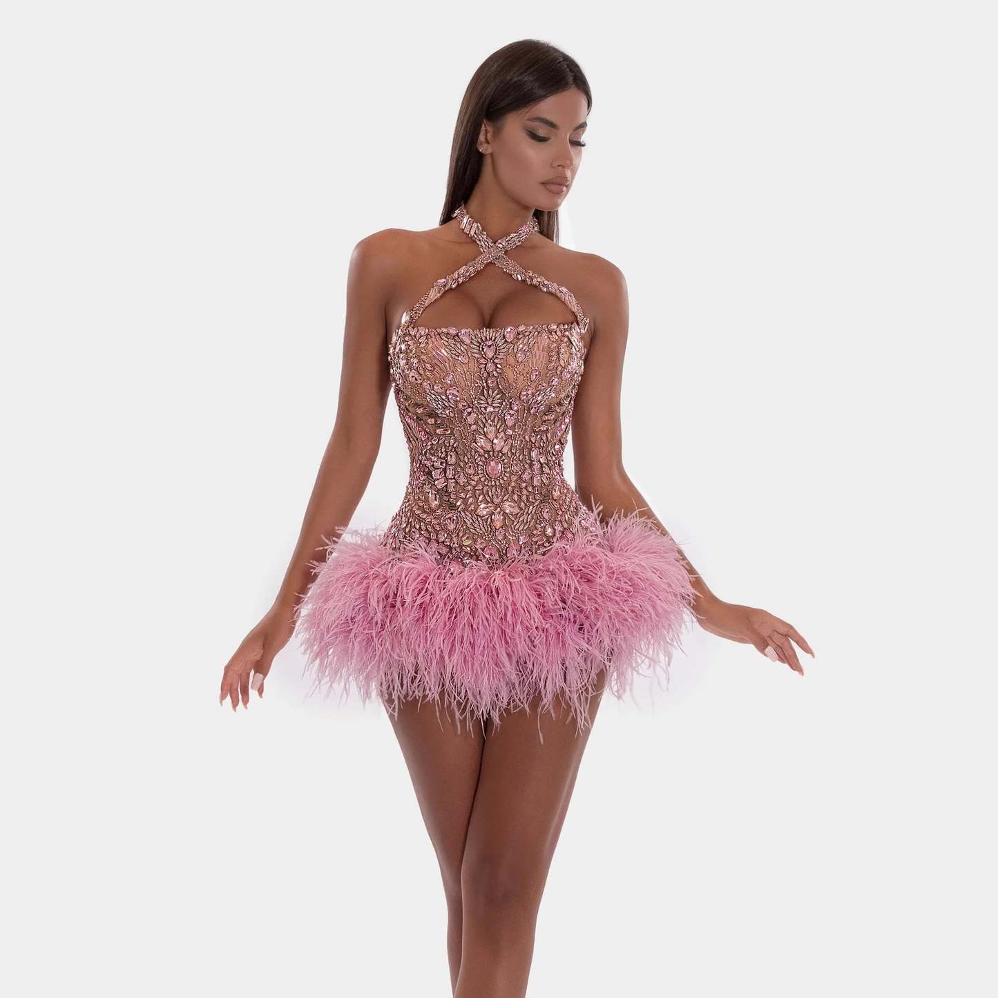 Luxury Crystals Beading Short Prom Dresses Pink Halter Feathers Mini Cocktail Dress vestidos de gala mujer Gala Event Party Gown