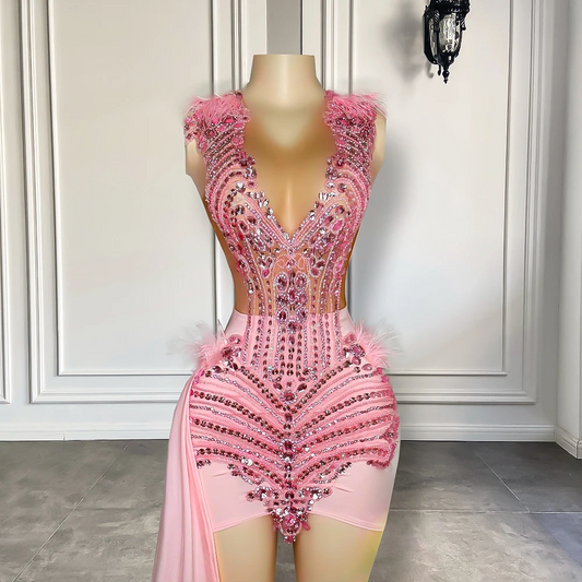 Cute Pink Luxury Diamond Birthday Formal Dress For Women Sheer Mesh Feather Black Girls Short Prom Dresses 2024