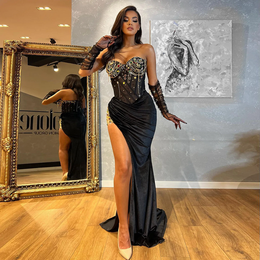 Stunning Colorful Crystals Beading Prom Dress Sweetheart Slit Long Party Dress Lace Up Mermaid Evening Dresses with Gloves