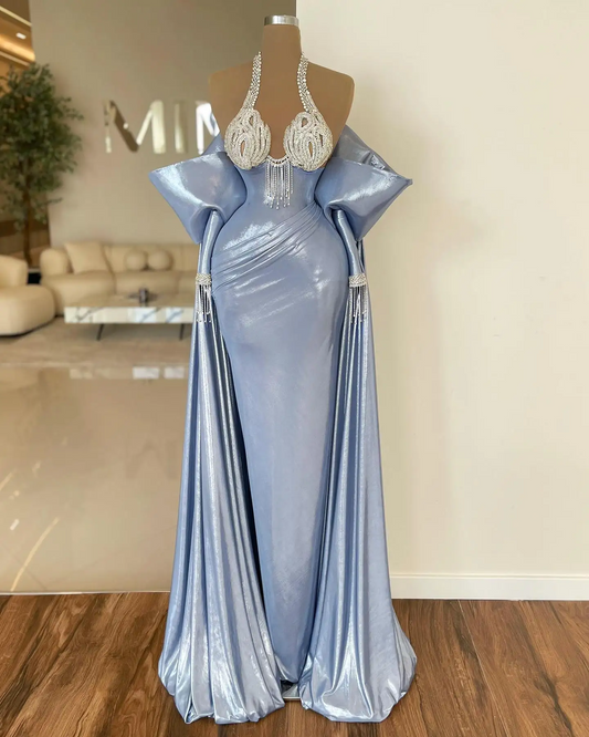 Glossy Leather Blue Long Prom Dresses with Detachable Train Cape Off the Shoulder Elegant Formal Dress Overskirt Evening Gowns