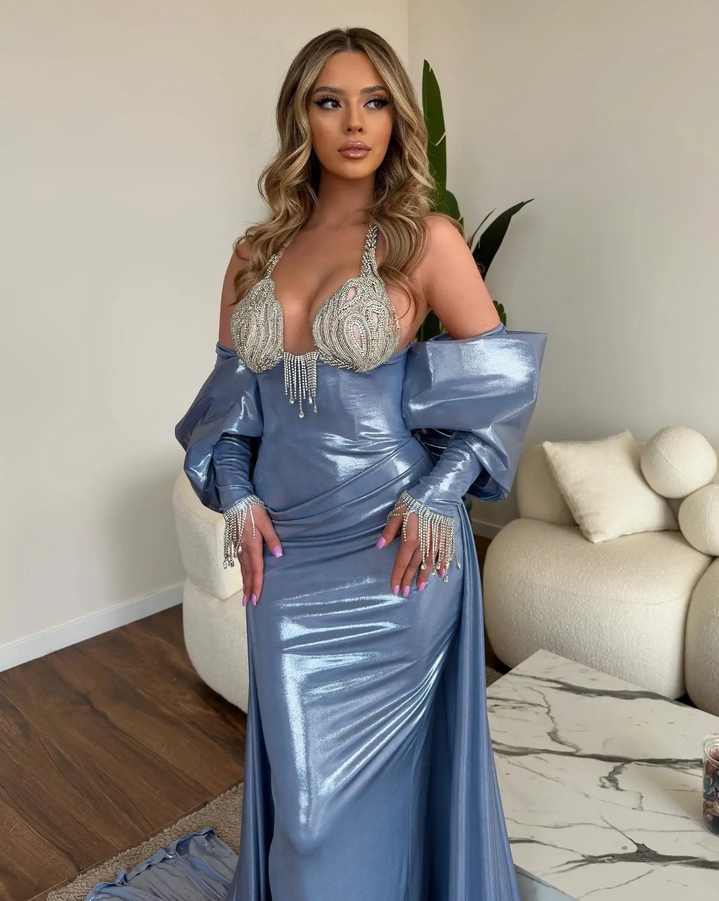 Glossy Leather Blue Long Prom Dresses with Detachable Train Cape Off the Shoulder Elegant Formal Dress Overskirt Evening Gowns