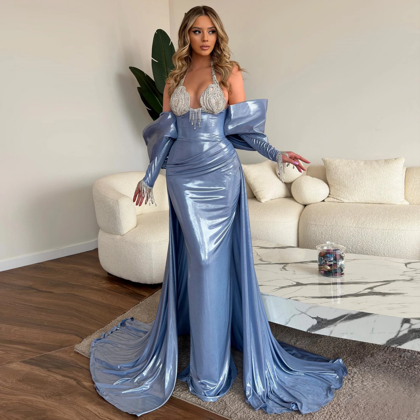 Glossy Leather Blue Long Prom Dresses with Detachable Train Cape Off the Shoulder Elegant Formal Dress Overskirt Evening Gowns