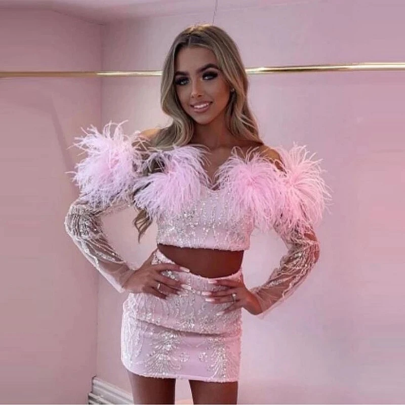 Baby Pink Chic Cocktail Dresses with Feathers Long Sleeves Off Shoulder 2 Pieces Prom Dress Short Sequin Beaded Party Night Gown